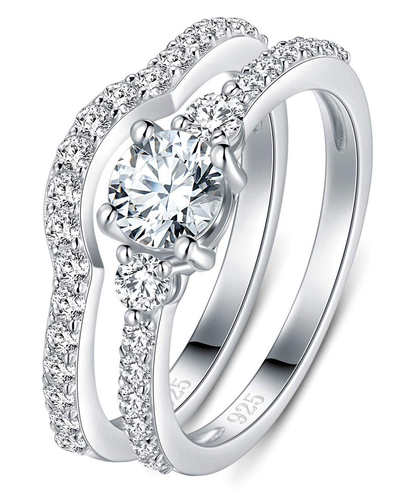 BORUO 925 Sterling Silver Ring, Cubic Zirconia CZ 2pc Wedding Band Stackable Ring Set Size 8 - Image 1